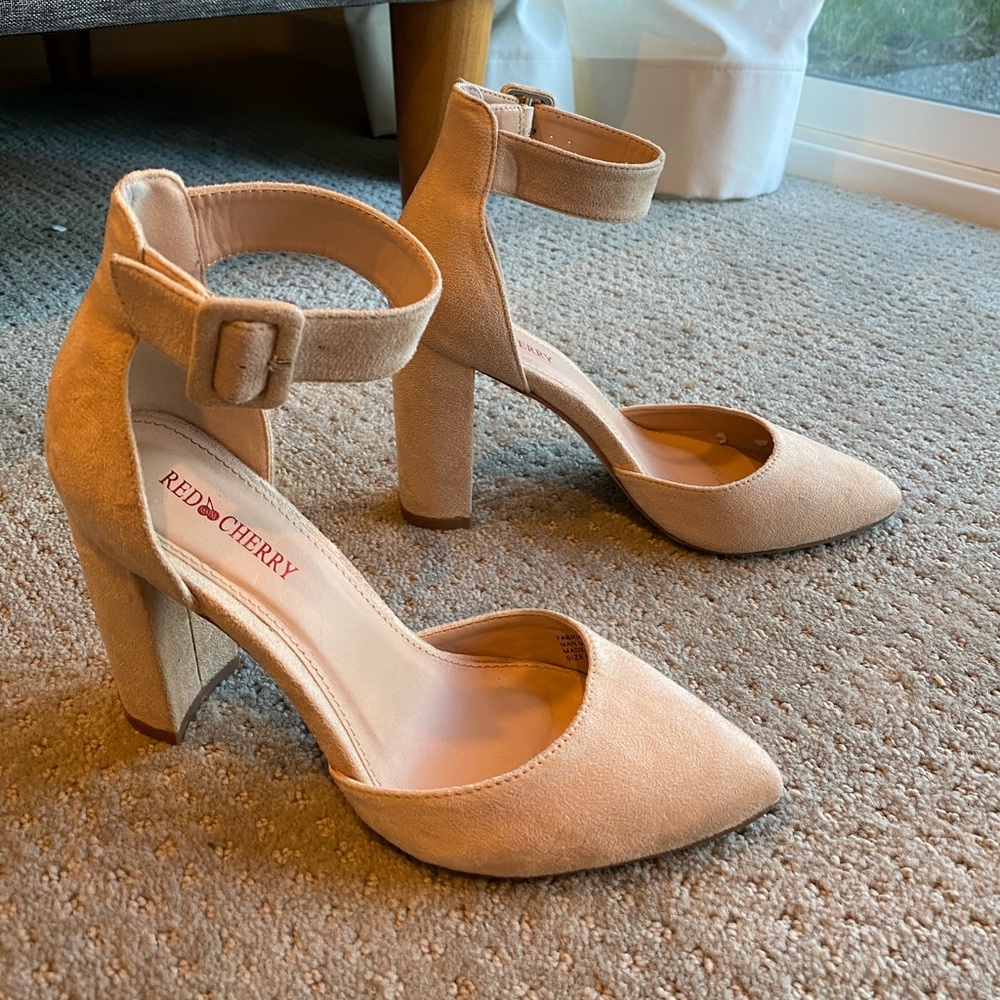 Nude Suede Ankle Strap Heels
